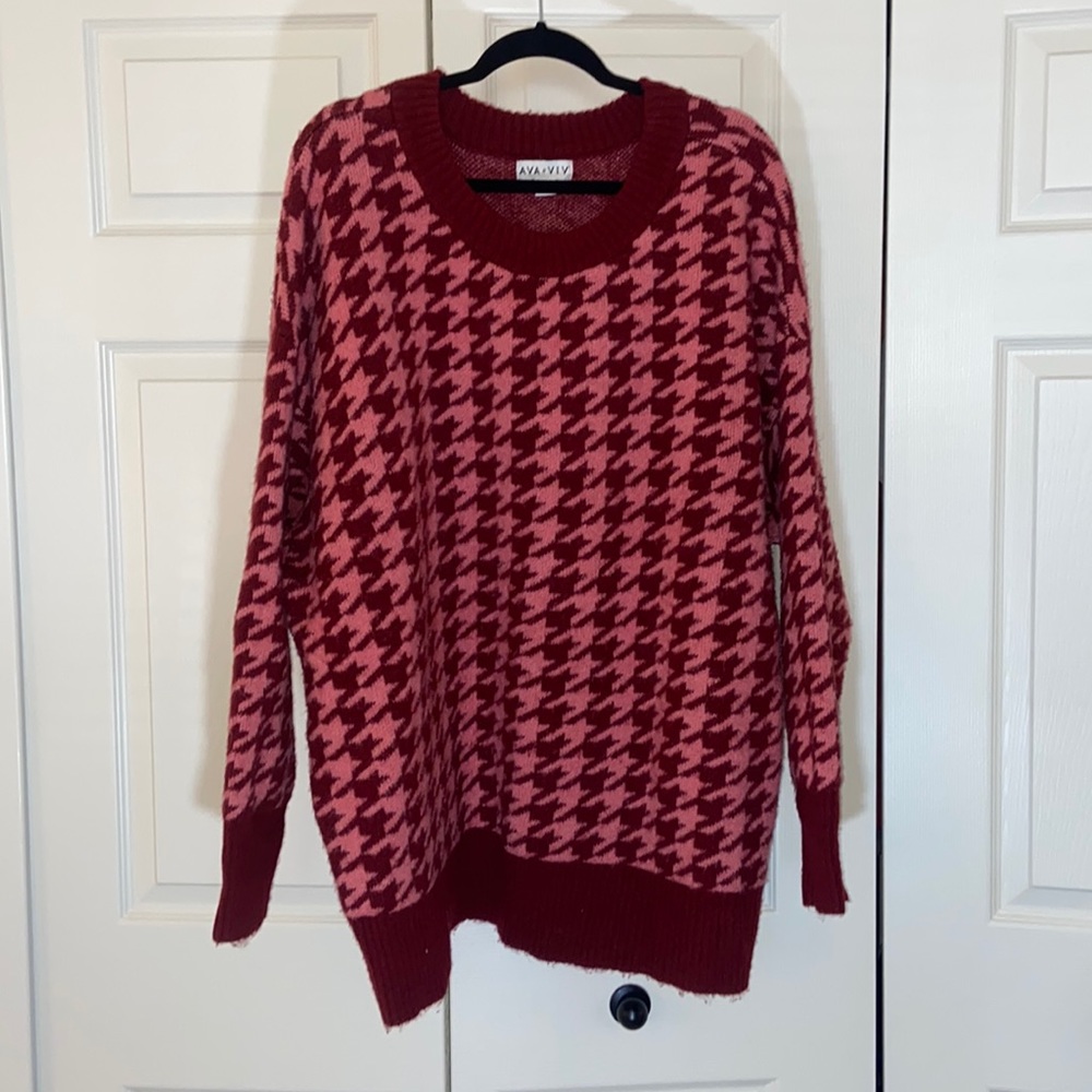 Ava and Viv Maroon and Pink Hounds Tooth Sweater